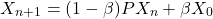 \[X_{n+1}=(1-\beta)PX_n+\beta X_0\]