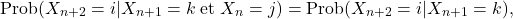 \[\text{Prob}(X_{n+2}= i | X_{n+1}=k \;\text{et}\; X_n=j)= \text{Prob}(X_{n+2}= i | X_{n+1}=k ),\]