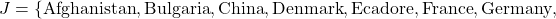 \[J = \{ \textrm{Afghanistan}, \textrm{Bulgaria}, \textrm{China}, \textrm{Denmark}, \textrm{Ecadore}, \textrm{France}, \textrm{Germany},\]