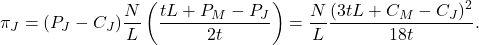 \[\pi_J = (P_J - C_J)\frac{N}{L}\left(\frac{tL + P_M - P_J}{2t}\right) = \frac{N}{L}\frac{(3tL + C_M - C_J)^2}{18t}.\]