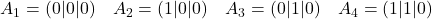 A_1=(0|0|0) \quad A_2=(1|0|0) \quad A_3=(0|1|0) \quad A_4=(1|1|0)