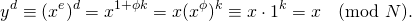 \[y^d\equiv (x^e)^d= x^{1 + \phi k} = x(x^\phi)^k\equiv x\cdot1^k=x \pmod N.\]