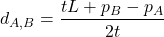 \[d_{A,B}=\frac{tL+p_B-p_A}{2t}\]