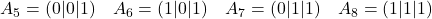 A_5=(0|0|1) \quad A_6=(1|0|1) \quad A_7=(0|1|1) \quad A_8=(1|1|1)