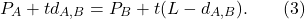 \[P_A + t d_{A,B} = P_B + t(L - d_{A,B}). \qquad (3)\]