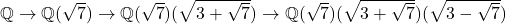 Rendered by QuickLaTeX.com \mathbb{Q} \to \mathbb{Q}(\sqrt{7}) \to \mathbb{Q}(\sqrt{7})(\sqrt{3+\sqrt{7}}) \to \mathbb{Q}(\sqrt{7})(\sqrt{3+\sqrt{7}})(\sqrt{3-\sqrt{7}})