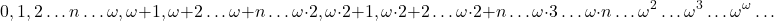\[0, 1, 2\ldots n\ldots \omega, \omega+1, \omega+2\ldots \omega+n\ldots \omega\cdot 2, \omega\cdot 2+1, \omega\cdot 2+2\ldots \omega\cdot 2+n\ldots \omega\cdot 3\ldots \omega\cdot n\ldots \omega^2\ldots \omega^3\ldots \omega^\omega\ldots\]