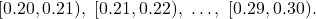 \[[0.20, 0.21),\ [0.21, 0.22),\ \ldots,\ [0.29, 0.30).\]
