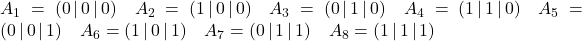 A_1 = (0\,|\,0\,|\,0) \quad A_2 = (1\,|\,0\,|\,0) \quad A_3 = (0\,|\,1\,|\,0) \quad A_4 = (1\,|\,1\,|\,0) \quad A_5 = (0\,|\,0\,|\,1) \quad A_6 = (1\,|\,0\,|\,1) \quad A_7 = (0\,|\,1\,|\,1) \quad A_8 = (1\,|\,1\,|\,1)