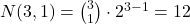 N(3,1) = \binom{3}{1} \cdot 2^{3-1} = 12