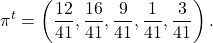 \[\pi^t=\left(\frac{12}{41}, \frac{16}{41}, \frac{9}{41}, \frac{1}{41}, \frac{3}{41}\right).\]