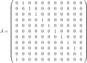 A= \left( \begin{array}{rrrrrrrrrrr}0 & 1 & 0 & 0 & 0 & 0 & 0 & 0 & 0 & 0 & 0\\0 & 0 & 1 & 0 & 0 & 0 & 0 & 0 & 0 & 0 & 0\\0 & 0 & 0 & 1 & 0 & 0 & 0 & 0 & 0 & 0 & 0\\0 & 0 & 0 & 0 & 1 & 0 & 0 & 0 & 0 & 0 & 0\\0 & 0 & 0 & 0 & 0 & 1 & 0 & 0 & 0 & 0 & 0\\0 & 0 & 0 & 0 & 0 & 0 & 1 & 0 & 0 & 0 & 0\\0 & 0 & 0 & 0 & 0 & 0 & 0 & 1 & 0 & 0 & 0\\0 & 0 & 0 & 0 & 0 & 0 & 0 & 0 & 1 & 0 & 0\\0 & 0 & 0 & 0 & 0 & 0 & 0 & 0 & 0 & 1 & 0\\0 & 0 & 0 & 0 & 0 & 0 & 0 & 0 & 0 & 0 & 1\\1 & 0 & 0 & 0 & 0 & 0 & 0 & 0 & 0 & 0 & 0\\\end{array}\right)