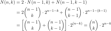\[\begin{aligned} N(n,k) &= 2 \cdot N(n-1,k) + N(n-1,k-1) \\ &= 2\binom{n-1}{k} \cdot 2^{n-1-k} + \binom{n-1}{k-1} \cdot 2^{n-1-(k-1)} \\ &= \left[\binom{n-1}{k} + \binom{n-1}{k-1}\right] \cdot 2^{(n-k)} = \binom{n}{k} \cdot 2^{n-k} \end{aligned}\]
