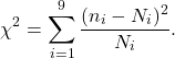\[\chi^2 = \sum_{i=1}^{9} \frac{(n_i - N_i)^2}{N_i}.\]