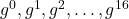 g^0, g^1, g^2, \ldots, g^{16}