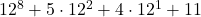 12^8 + 5 \cdot 12^2 + 4 \cdot 12^1 + 11