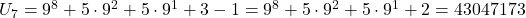 U_7 = 9^8 + 5 \cdot 9^2 + 5 \cdot 9^1 + 3 - 1 = 9^8 + 5 \cdot 9^2 + 5 \cdot 9^1 + 2 = 43047173
