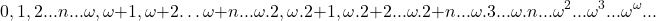 \[0, 1, 2... n... \omega, \omega+1, \omega+2… \omega+n... \omega.2, \omega.2+1, \omega.2+2... \omega.2+n... \omega.3... \omega.n ... \omega^2 ... \omega^3... \omega^\omega ...\]
