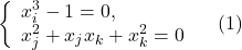 \[\left\{ \begin{array}{l} x_i^3 - 1 = 0, \\ x_j^2 + x_j x_k + x_k^2 = 0 \end{array}\right. \quad (1)\]