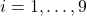 i = 1, \ldots, 9