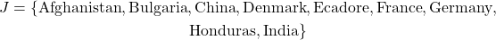 \[\begin{gathered} J = \{ \textrm{Afghanistan}, \textrm{Bulgaria}, \textrm{China}, \textrm{Denmark}, \textrm{Ecadore}, \textrm{France}, \textrm{Germany}, \\ \textrm{Honduras}, \textrm{India} \} \end{gathered}\]