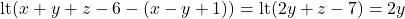 \[\mathrm{lt}(x+y+z-6-(x-y+1)) = \mathrm{lt}(2y+z-7) = 2y\]