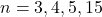 n = 3, 4, 5, 15