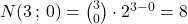 N(3\,;\,0) = \binom{3}{0} \cdot 2^{3-0} = 8