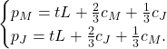 \[\begin{cases} p_M=tL + \frac{2}{3}c_M + \frac{1}{3}c_J \\ p_J=tL + \frac{2}{3}c_J + \frac{1}{3}c_M . \end{cases}\]