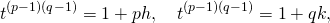 \[t^{(p-1)(q-1)}=1+ph, \quad t^{(p-1)(q-1)}=1+qk,\]